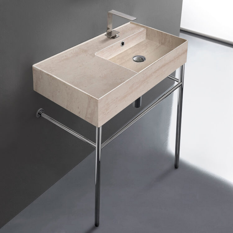 Scarabeo 5118-E-CON-One Hole Beige Travertine Design Ceramic Console Sink and Polished Chrome Stand
